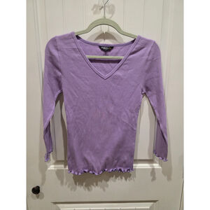 Chaudry B Size S NWOT Y2K Vintage Purple Ribbed V-Neck 3/4 Sleeve